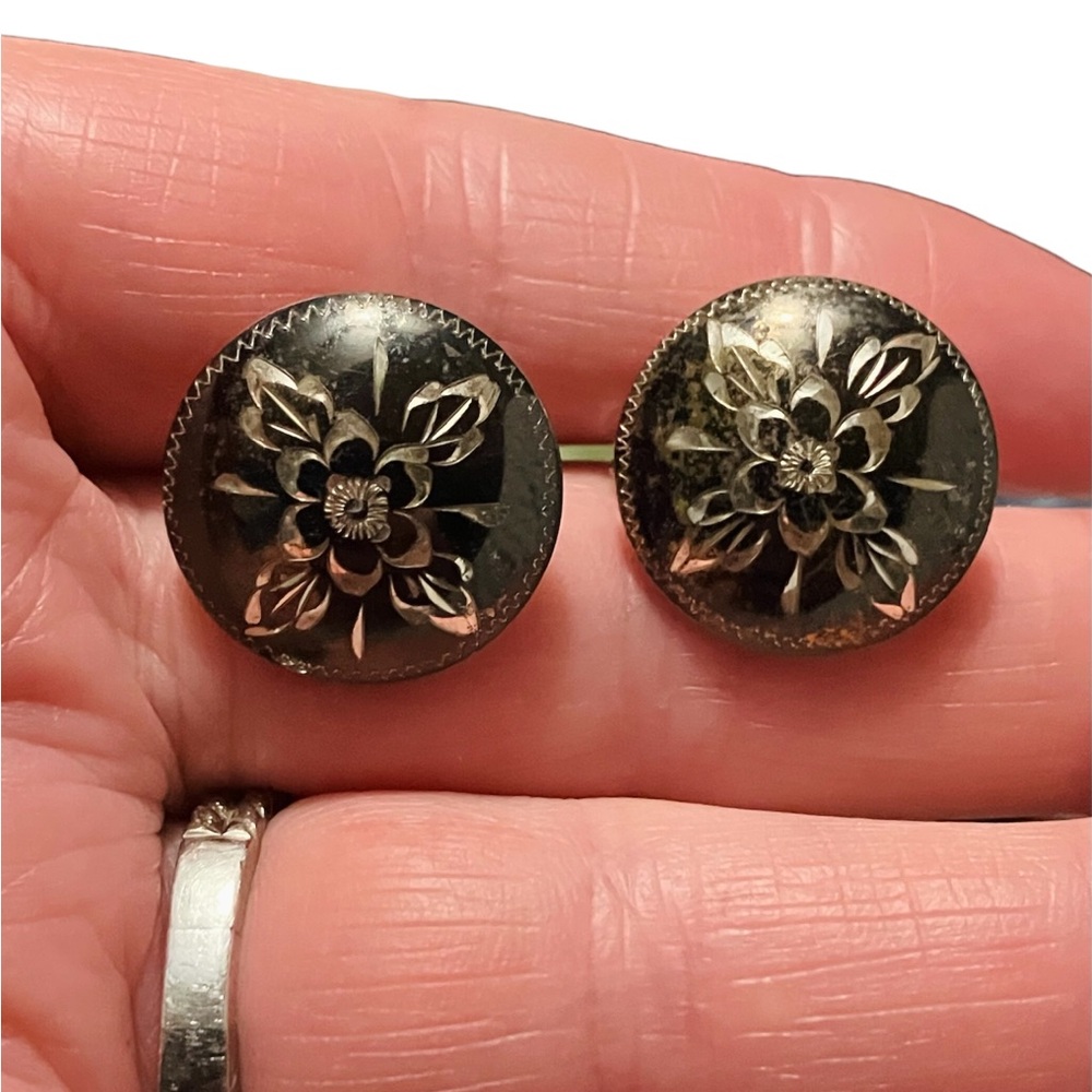 Vintage FCC Sterling Silver Floral Etched Button Earrings
